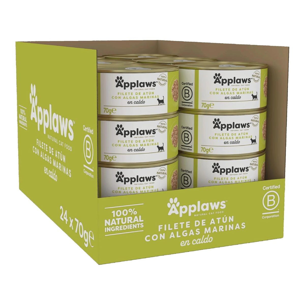 Caja abierta de 24 latas Applaws de atún con algas para gatos, formato 24 x 70 g.