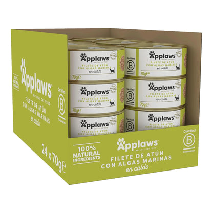 Caja abierta de 24 latas Applaws de atún con algas para gatos, formato 24 x 70 g.
