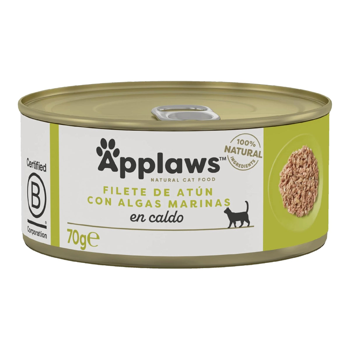 Envase frontal de la lata Applaws de atún con algas para gatos, formato de 70 gramos.