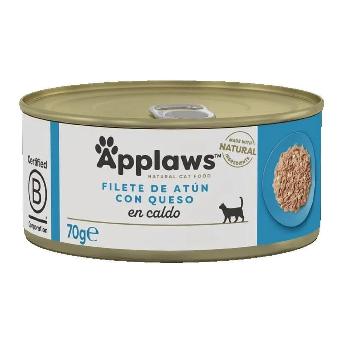 Envase frontal de la lata Applaws de atún con queso para gatos, formato de 70 gramos.