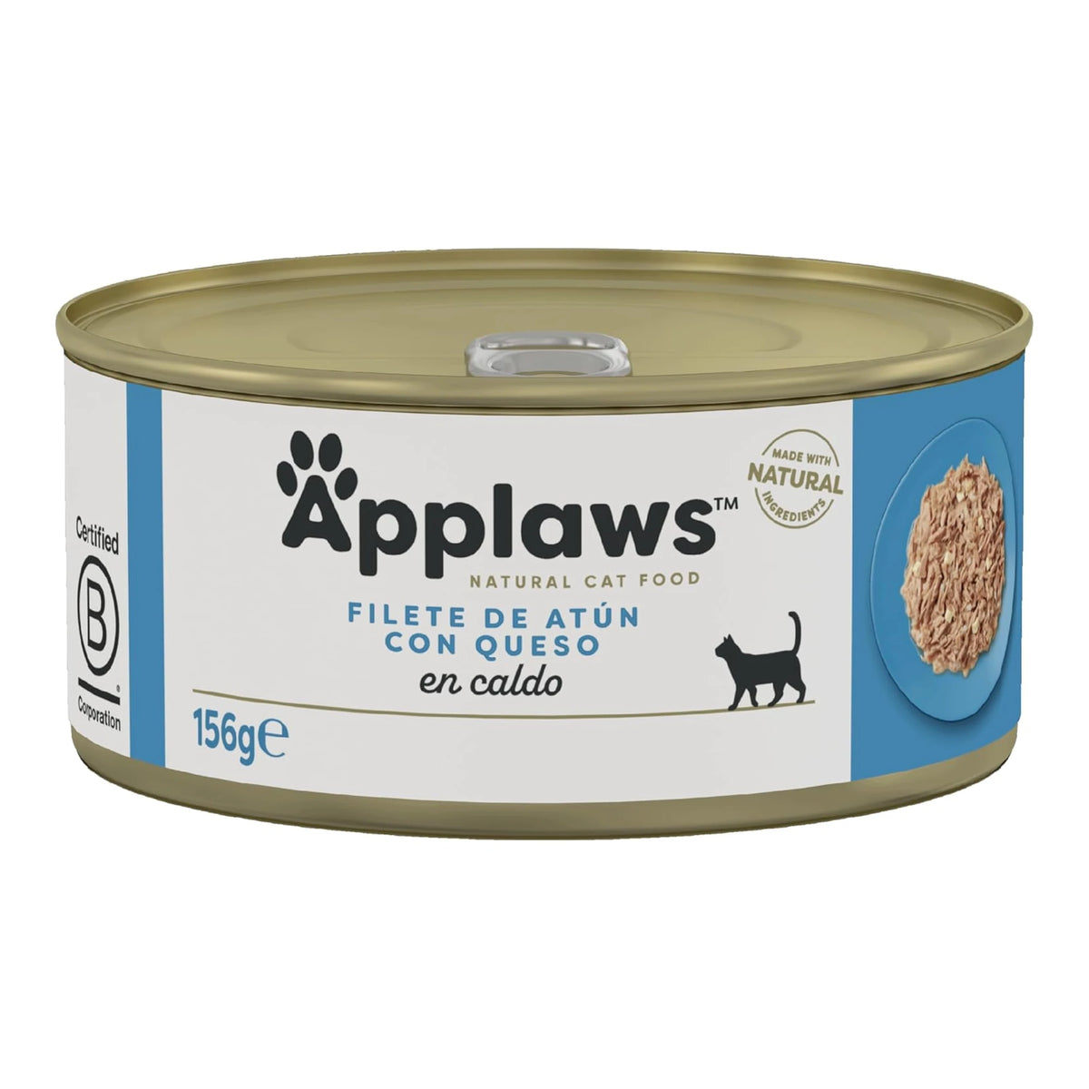 Otra vista del envase de la lata Applaws de atún con queso para gatos.