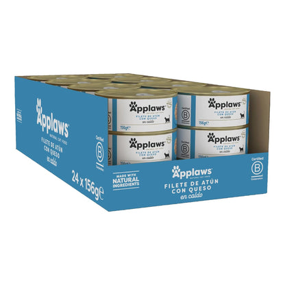 Caja de 24 latas Applaws de atún con queso para gatos, vista general del envase.