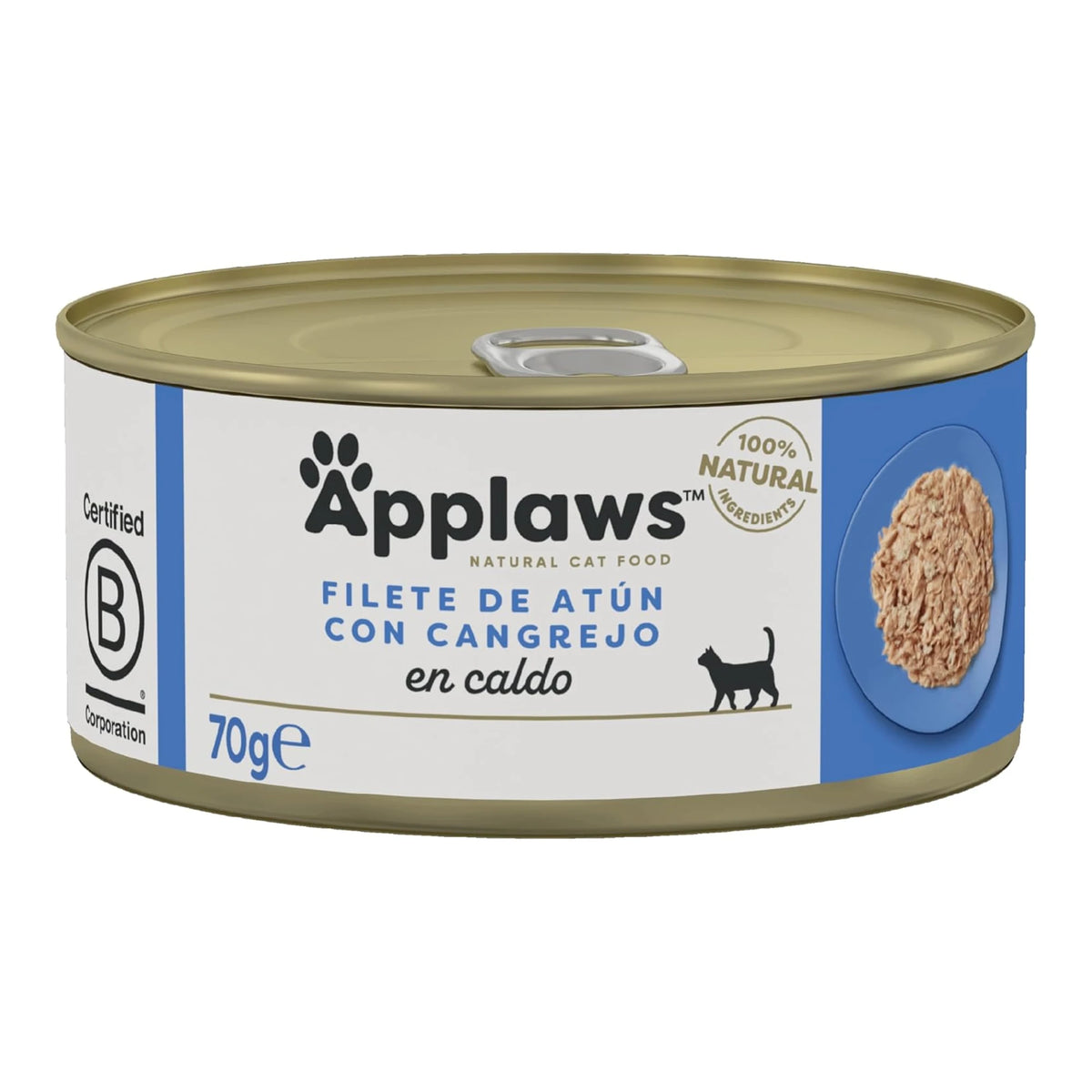 Envase frontal de la lata Applaws de atún con cangrejo para gatos, formato de 70 gramos.