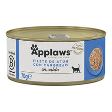 Envase frontal de la lata Applaws de atún con cangrejo para gatos, formato de 70 gramos.