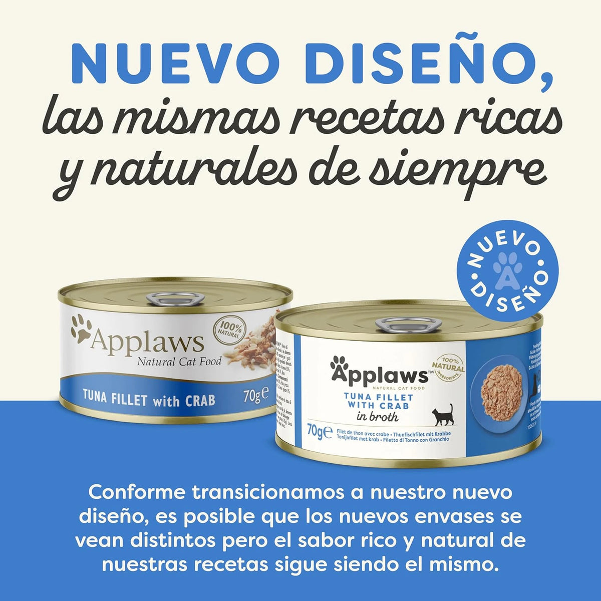 Lámina informativa sobre el nuevo diseño del envase de esta lata de comida húmeda para gatos.