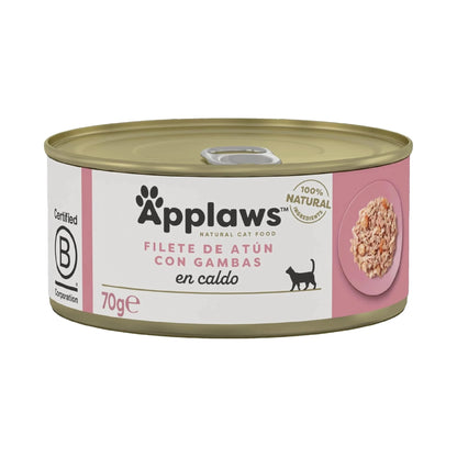 Envase frontal de la lata Applaws de atún con gambas para gatos, formato de 70 gramos.