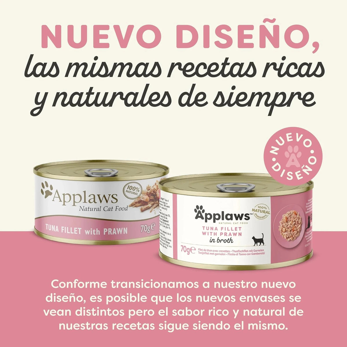 Lámina informativa sobre el nuevo diseño del envase de esta lata de comida húmeda para gatos.