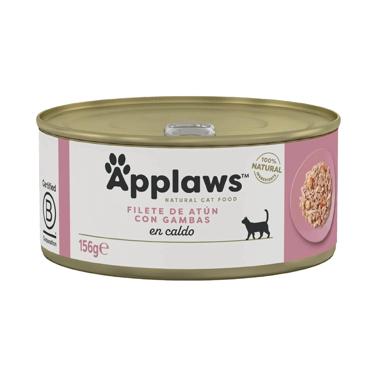 Envase de la lata Applaws de atún con gambas para gatos en el formato de 156 gramos.