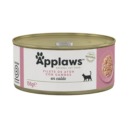 Envase de la lata Applaws de atún con gambas para gatos en el formato de 156 gramos.