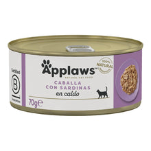 Envase frontal de la lata Applaws de caballa con sardina para gatos, formato de 70 gramos.