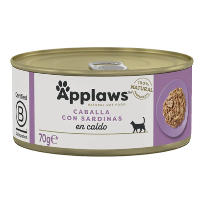 Envase frontal de la lata Applaws de caballa con sardina para gatos, formato de 70 gramos.