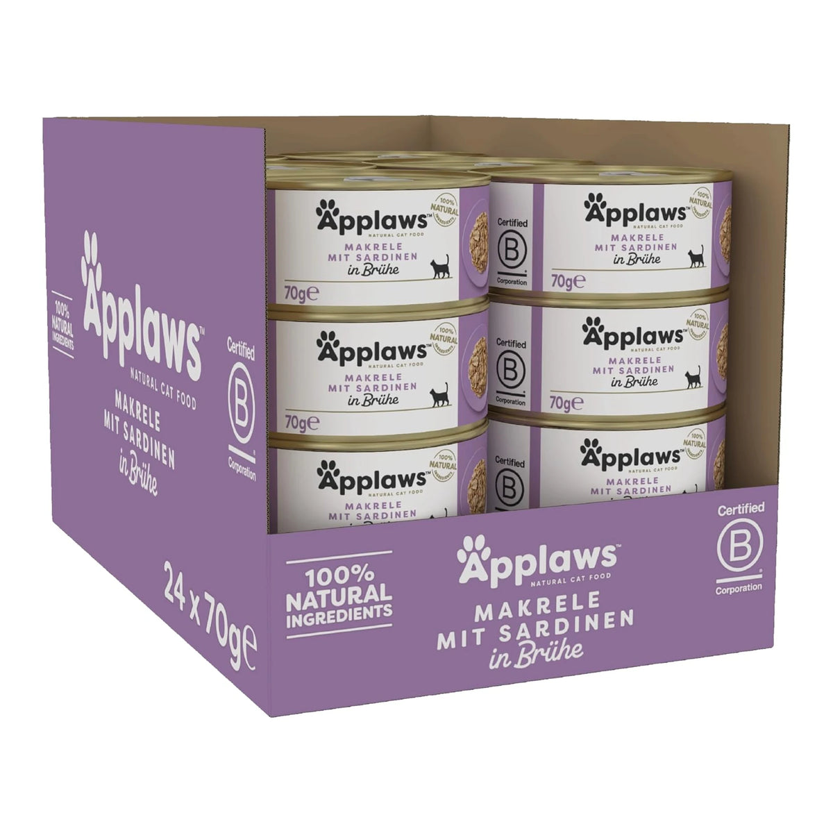 Caja de 24 latas Applaws de caballa con sardina para gatos, formato 24 x 70 g.