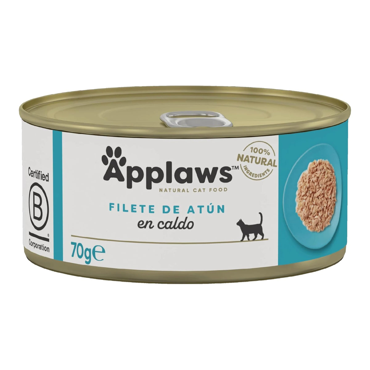 Envase frontal de la lata Applaws de filete de atún para gatos, formato de 70 gramos.