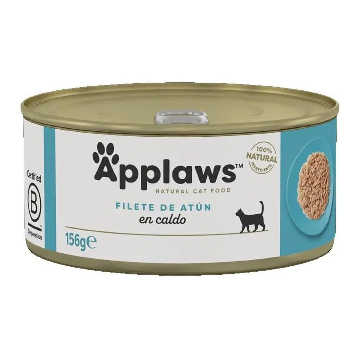 Envase de la lata Applaws de filete de atún para gatos en el formato de 156 gramos.
