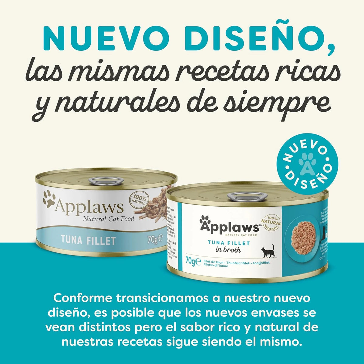 Lámina informativa sobre el nuevo diseño del envase de esta lata de comida húmeda para gatos.