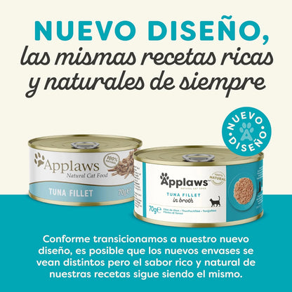 Lámina informativa sobre el nuevo diseño del envase de esta lata de comida húmeda para gatos.