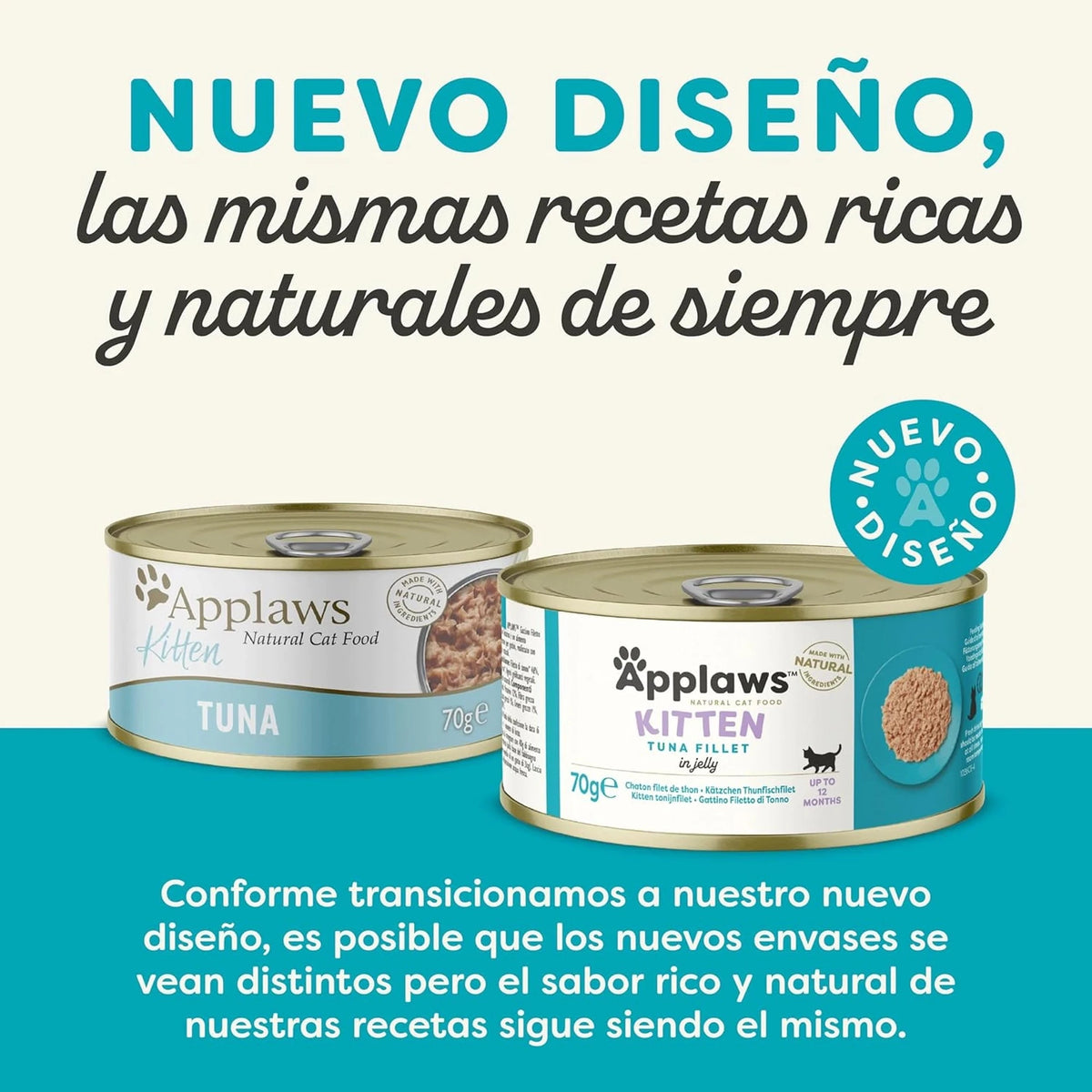 Lámina informativa sobre el cambio de diseño del envase de esta lata para gatitos.