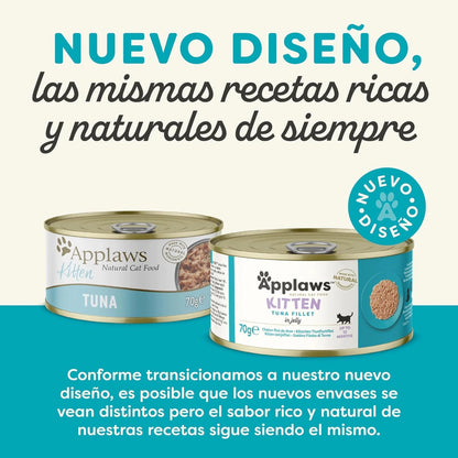 Lámina informativa sobre el cambio de diseño del envase de esta lata para gatitos.