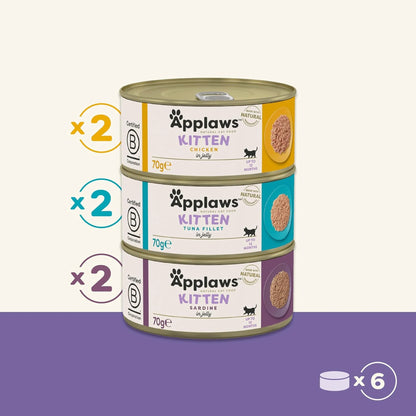 Seis latas del multipack para gatitos agrupadas de dos en dos por receta