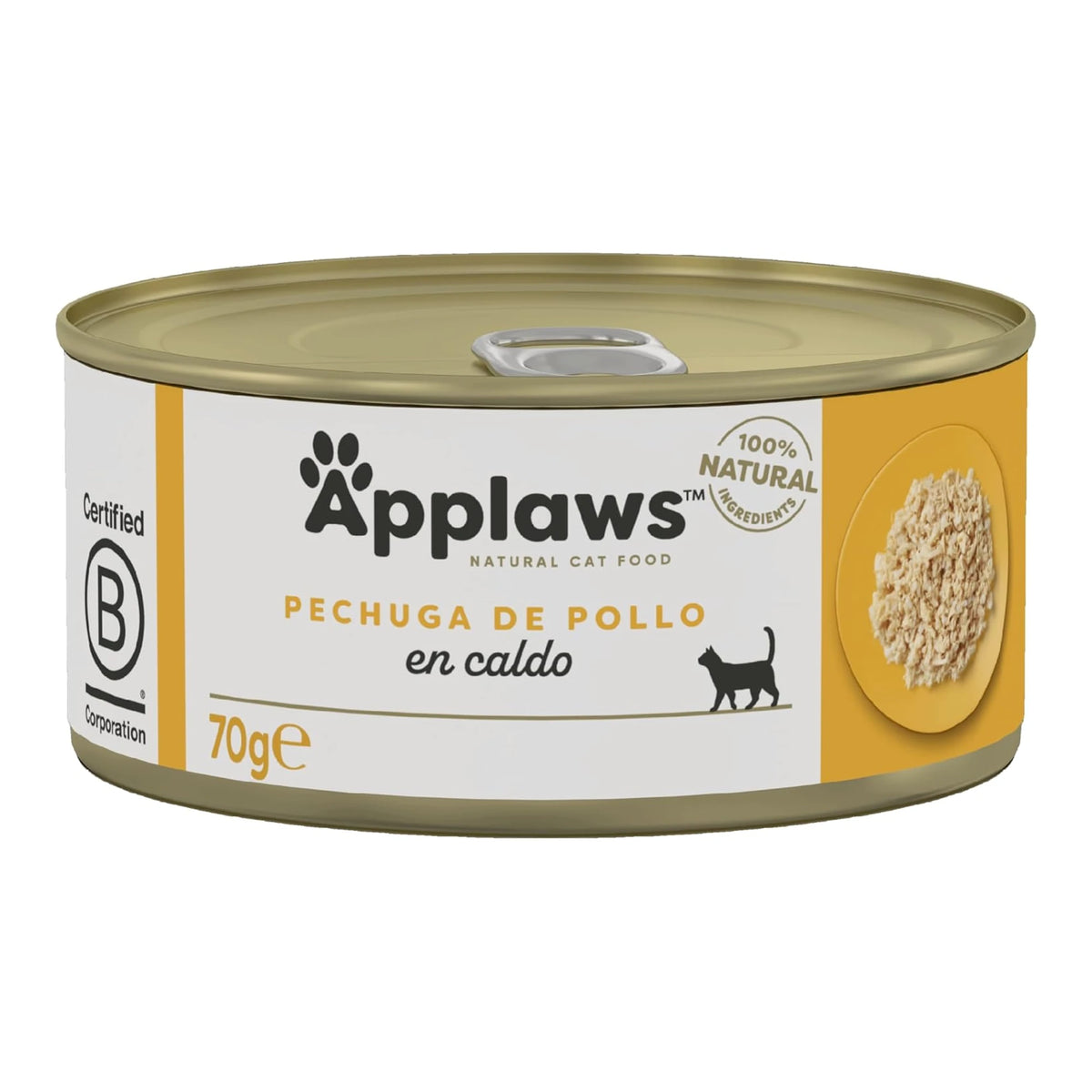 Envase frontal de la lata Applaws de pechuga de pollo en caldo, formato de 70 gramos.