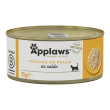 Envase frontal de la lata Applaws de pechuga de pollo en caldo, formato de 70 gramos.