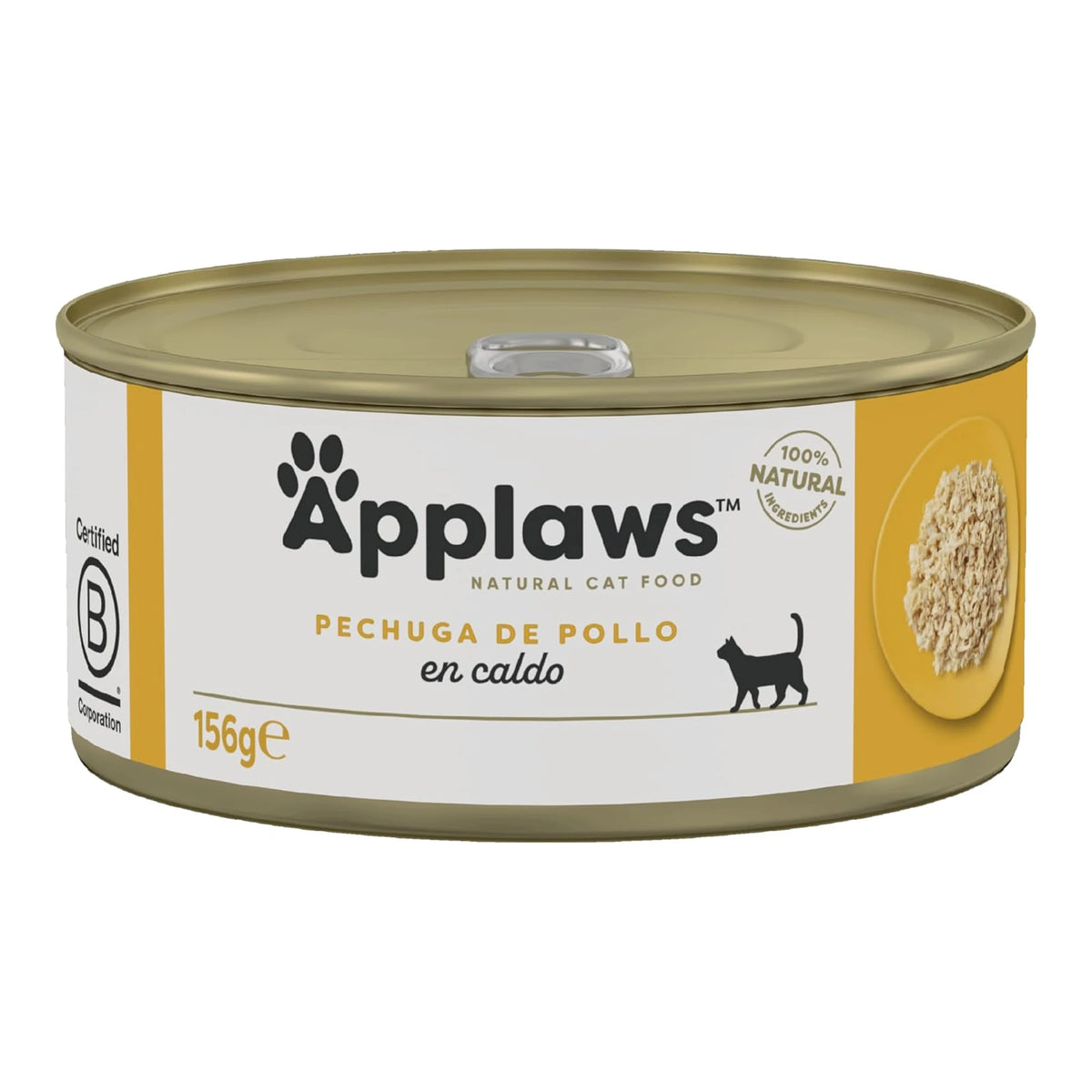Envase de la lata Applaws de pechuga de pollo en caldo en el formato de 156 gramos.