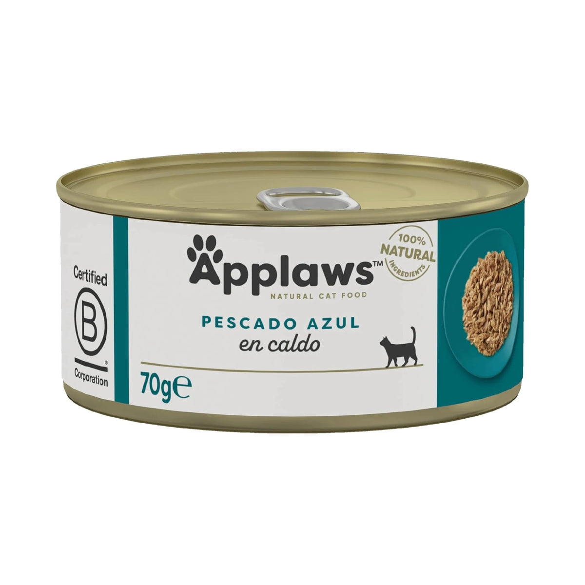 Envase frontal de la lata Applaws de caballa y atún, formato de 70 gramos.