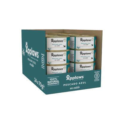 Caja abierta de 24 latas Applaws de caballa y atún, formato 24 x 70 g.