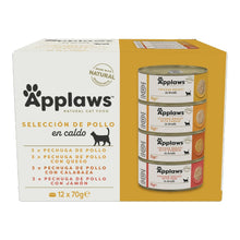 Caja del multipack Applaws de pollo para gatos, doce latas y cuatro recetas distintas.