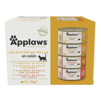 Caja del multipack Applaws de pollo para gatos, doce latas y cuatro recetas distintas.