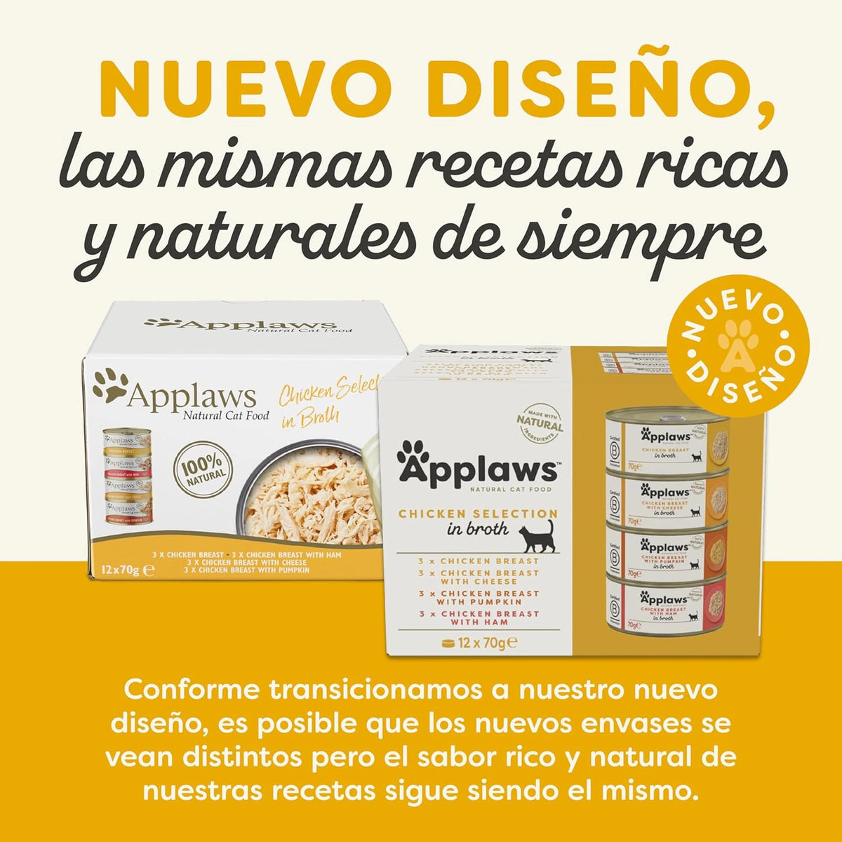Lámina informativa sobre el rediseño reciente del envase de esta caja de comida húmeda felina.