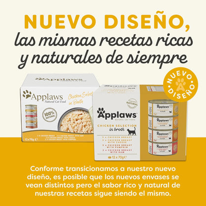 Lámina informativa sobre el rediseño reciente del envase de esta caja de comida húmeda felina.