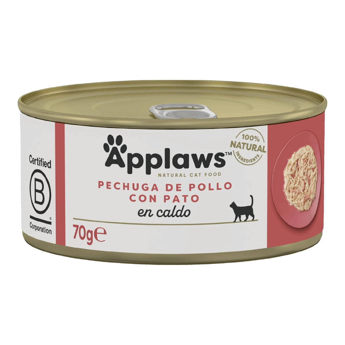 Envase frontal de la lata Applaws de pollo con pato para gatos, formato de 70 gramos.