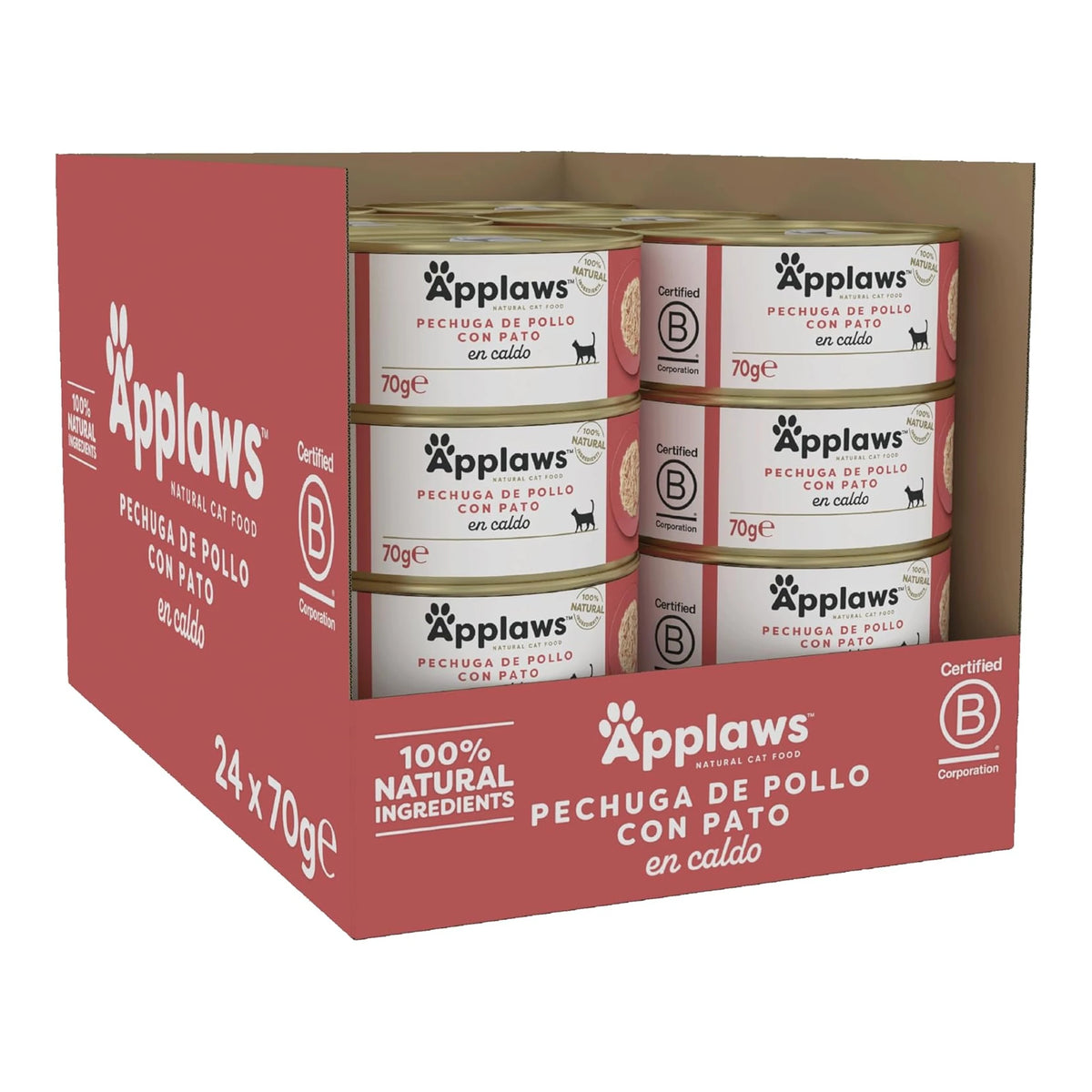 Caja de venta con veinticuatro unidades de esta receta de pollo, formato de setenta gramos cada una.