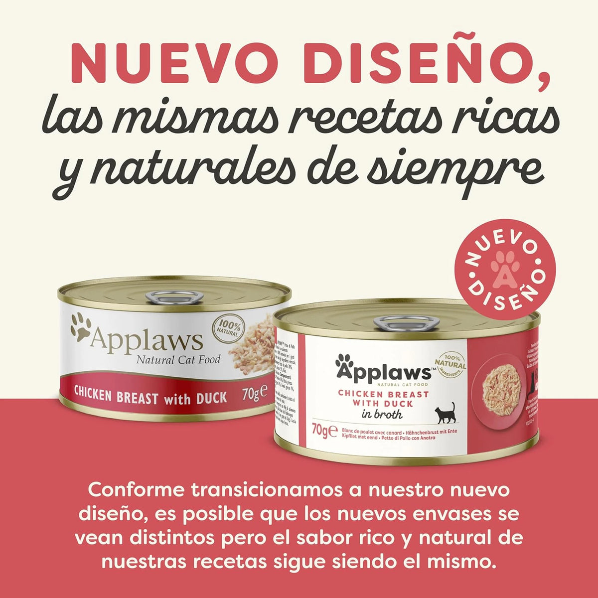 Lámina informativa sobre el rediseño reciente del envase de esta receta de pollo en caldo.