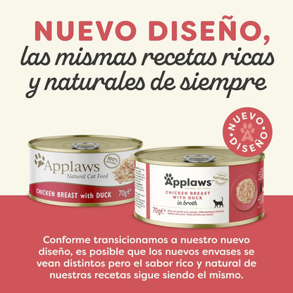 Lámina informativa sobre el rediseño reciente del envase de esta receta de pollo en caldo.