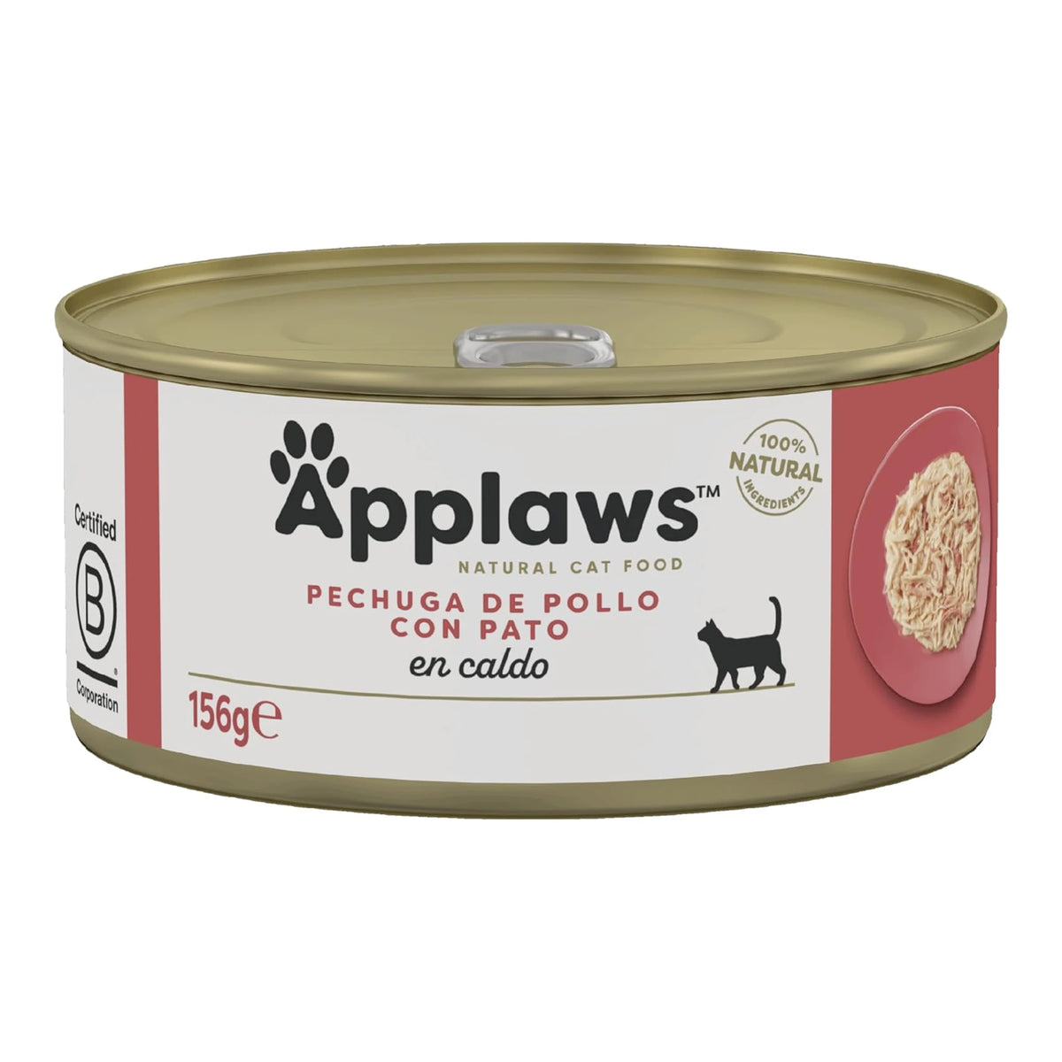 Envase frontal de la lata Applaws de pollo con pato para gatos, formato de 156 gramos.