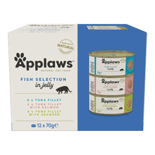 Caja del multipack Applaws de pescado en gelatina para gatos, doce latas y tres recetas.
