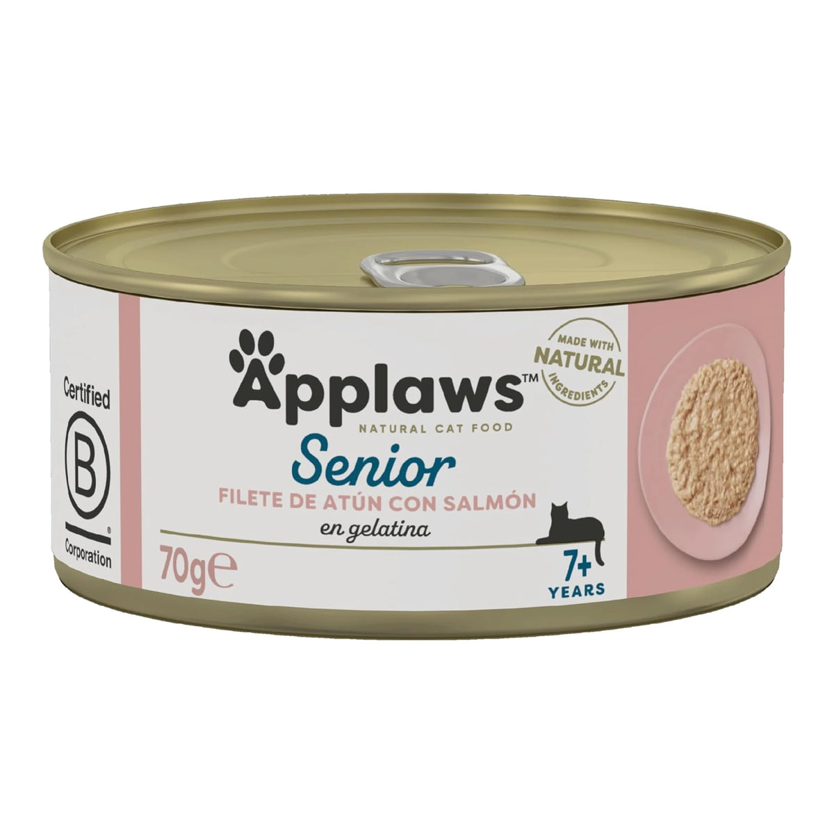 Envase frontal de la lata Applaws senior de atún con salmón en gelatina para gatos, 70 gramos.