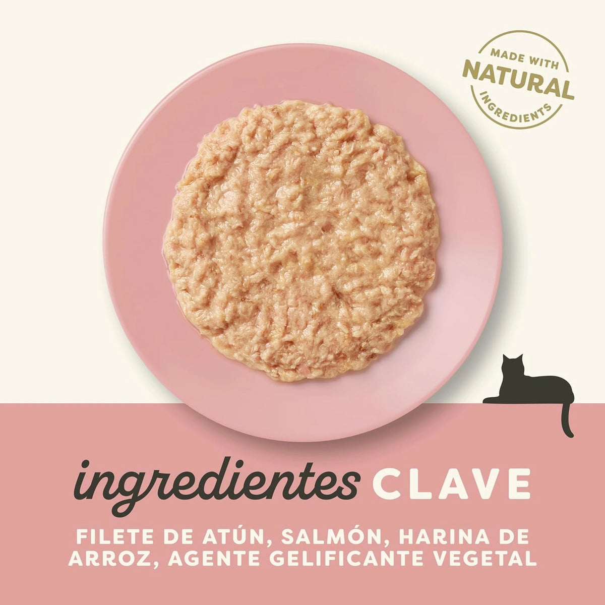 Lámina informativa con el listado de ingredientes clave de esta receta de atún y pescado azul para gatos.