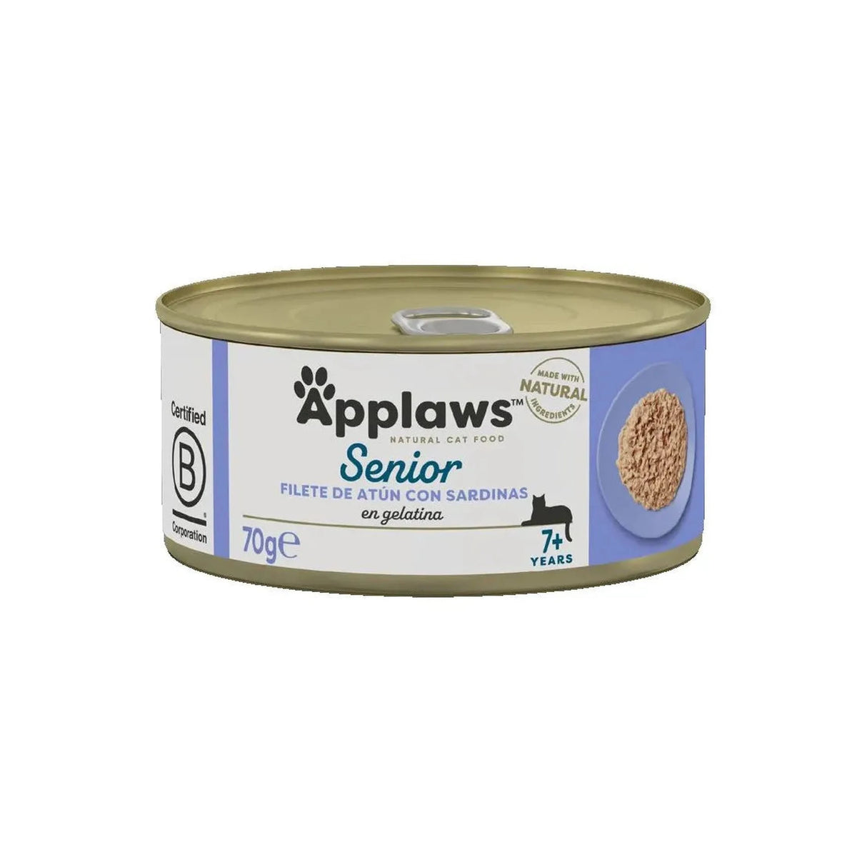 Envase frontal de la lata Applaws senior de atún con sardina en gelatina para gatos, 70 gramos.