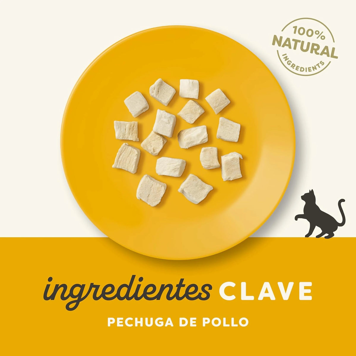 Plato amarillo con los trocitos junto a la lámina de ingredientes de Applaws
