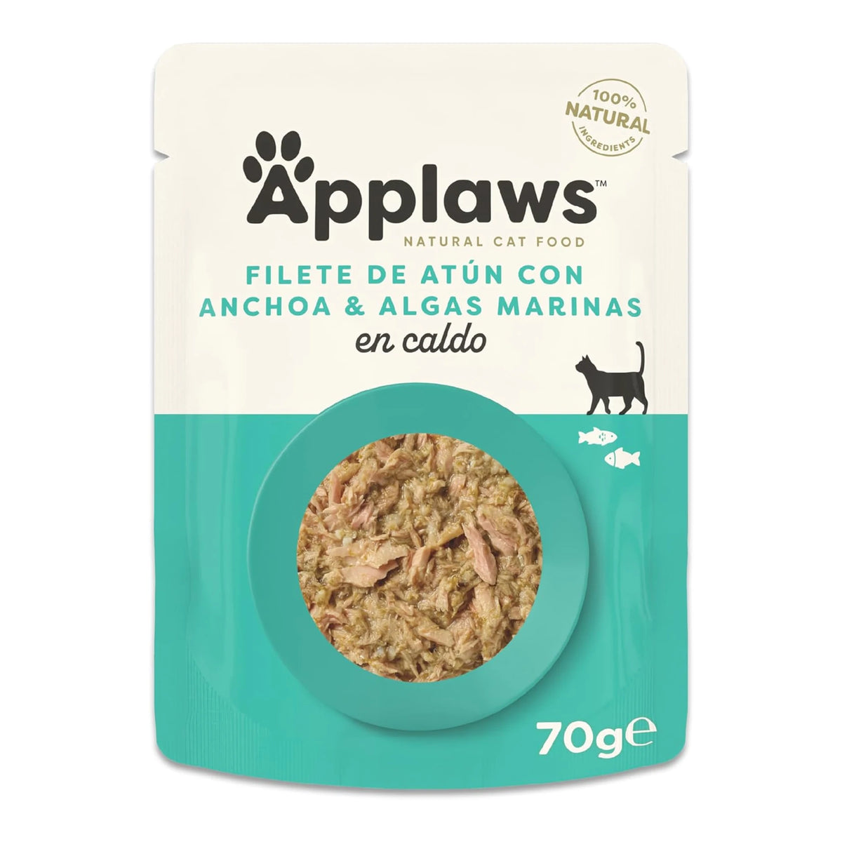 Envase individual de comida húmeda para gatos, con la receta de atún y anchoa en caldo