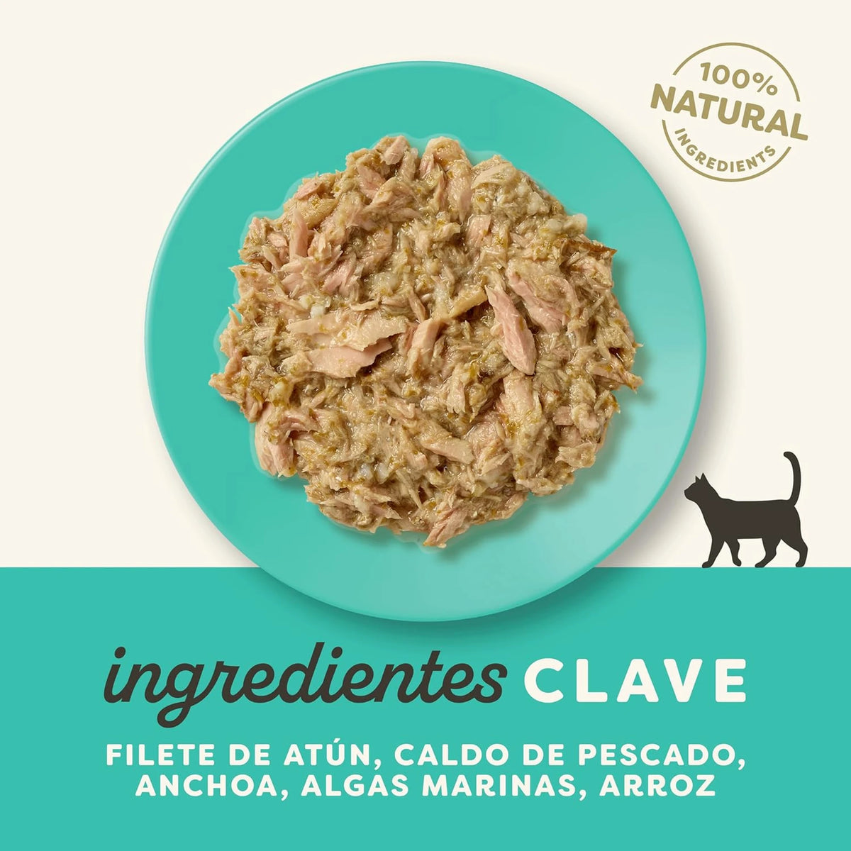 Etiqueta del envase con los ingredientes clave de la receta: filete de atún, anchoa y algas marinas