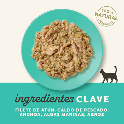 Etiqueta del envase con los ingredientes clave de la receta: filete de atún, anchoa y algas marinas