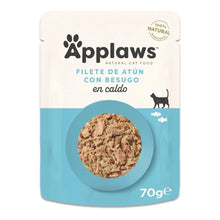 Envase individual de comida húmeda para gatos, con la receta de atún y besugo en caldo