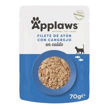 Envase individual de comida húmeda para gatos, con la receta de atún y cangrejo en caldo