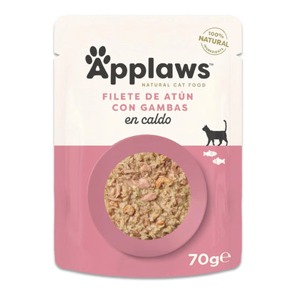 Envase individual de comida húmeda para gatos, con la receta de atún y gambas en caldo