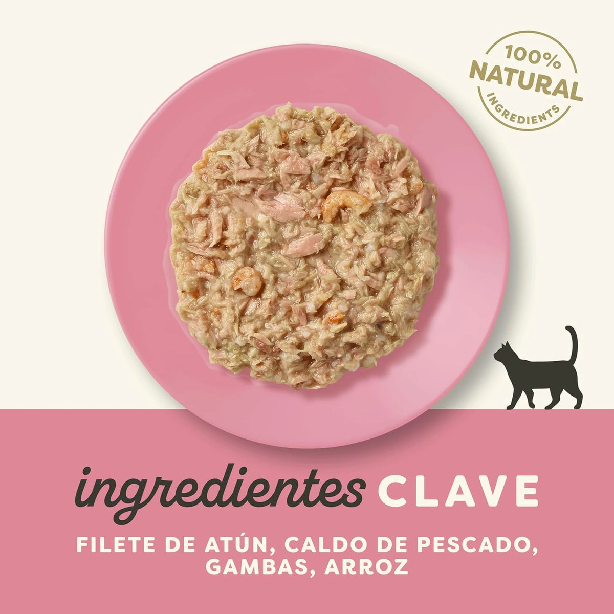 Etiqueta del envase con los ingredientes clave de la receta: filete de atún, gambas y arroz