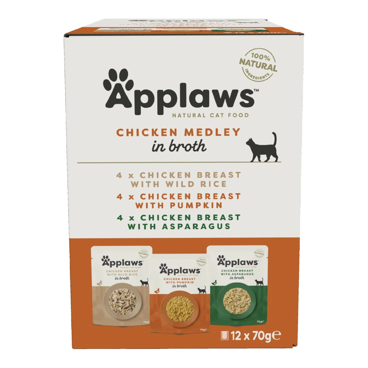 Caja del multipack Applaws sobres pollo en caldo para gatos, tres recetas